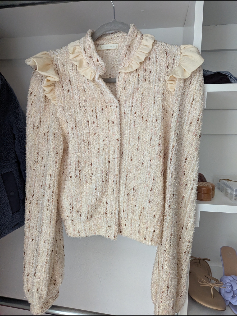 Vita Grace Vintage Cream Ruffle Collar Knit Cardigan XS